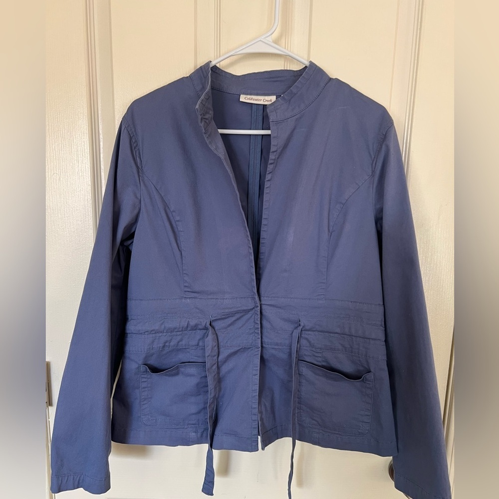 Coldwater Creek Dusty Blue Utility Jacket Size 12 Lightweight Tie Waist Pockets